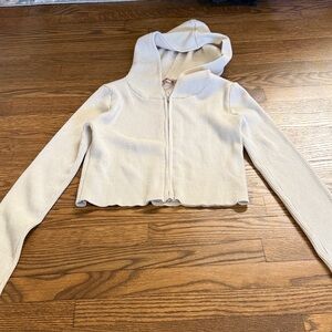 Bailey Rose Cropped Ribbed Zip-Up Hoodie in Cream Size XS